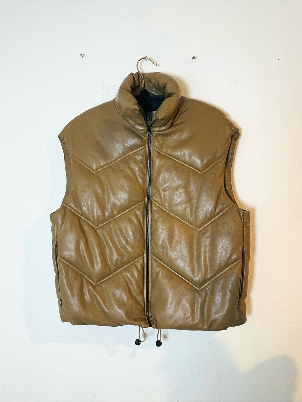 Zara Faux Leather Puffer Vest Women’s XS Tan Brown Chevron Quilted
